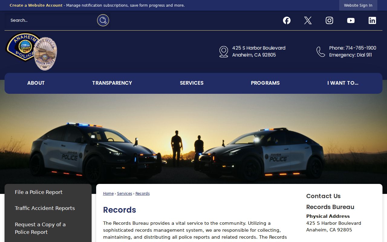 Anaheim Police Records Bureau official records page