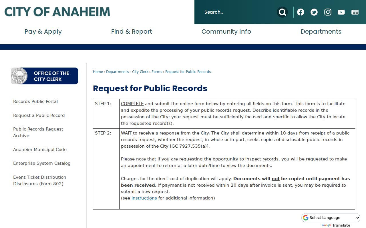 Anaheim public records request options and instructions