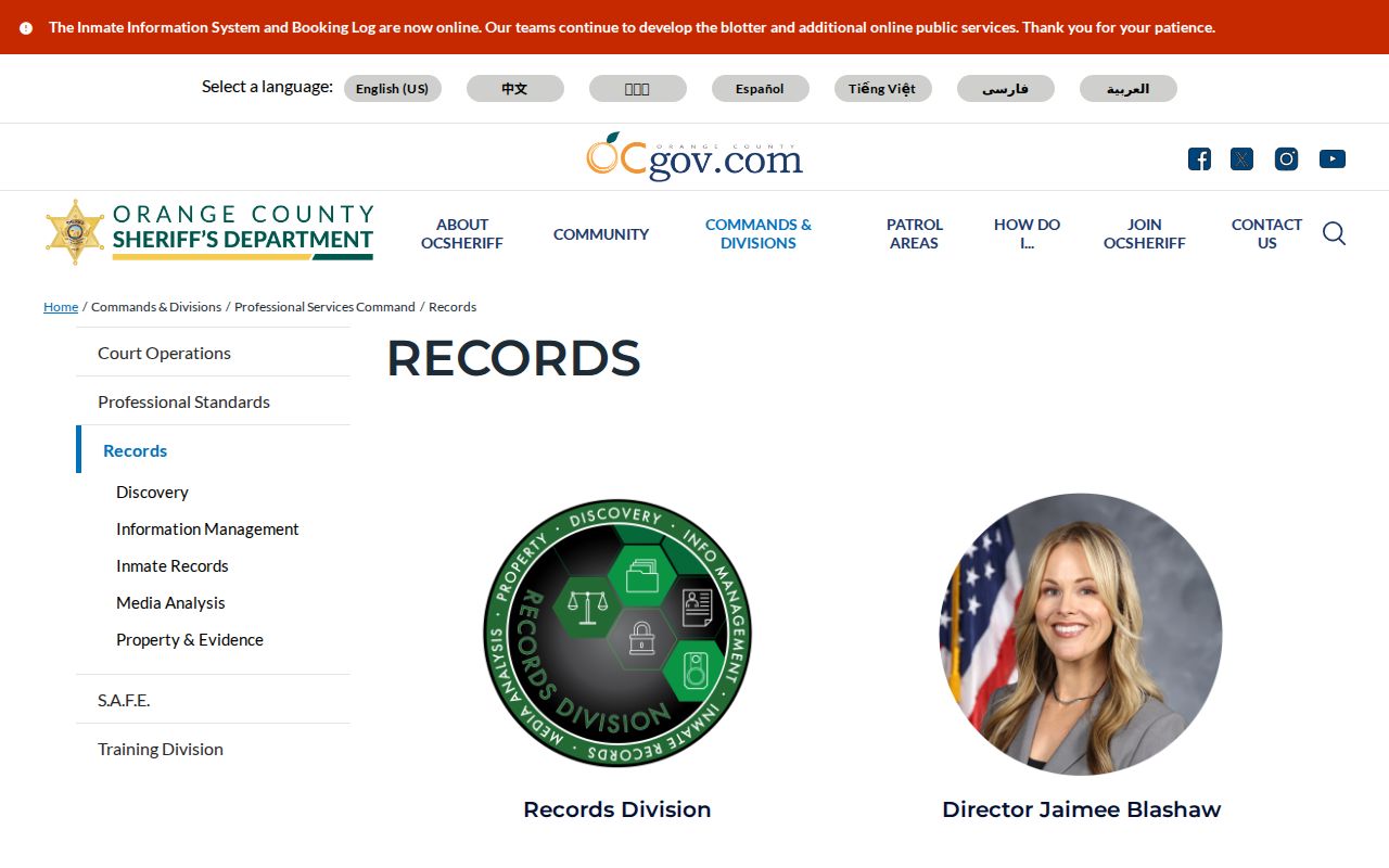 Orange County Sheriff Records Division page