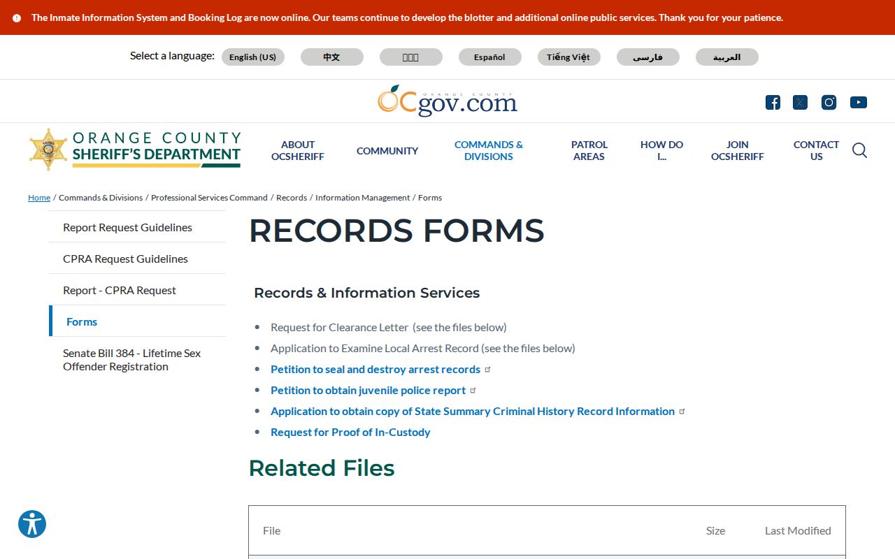 OCSD arrest and custody records forms