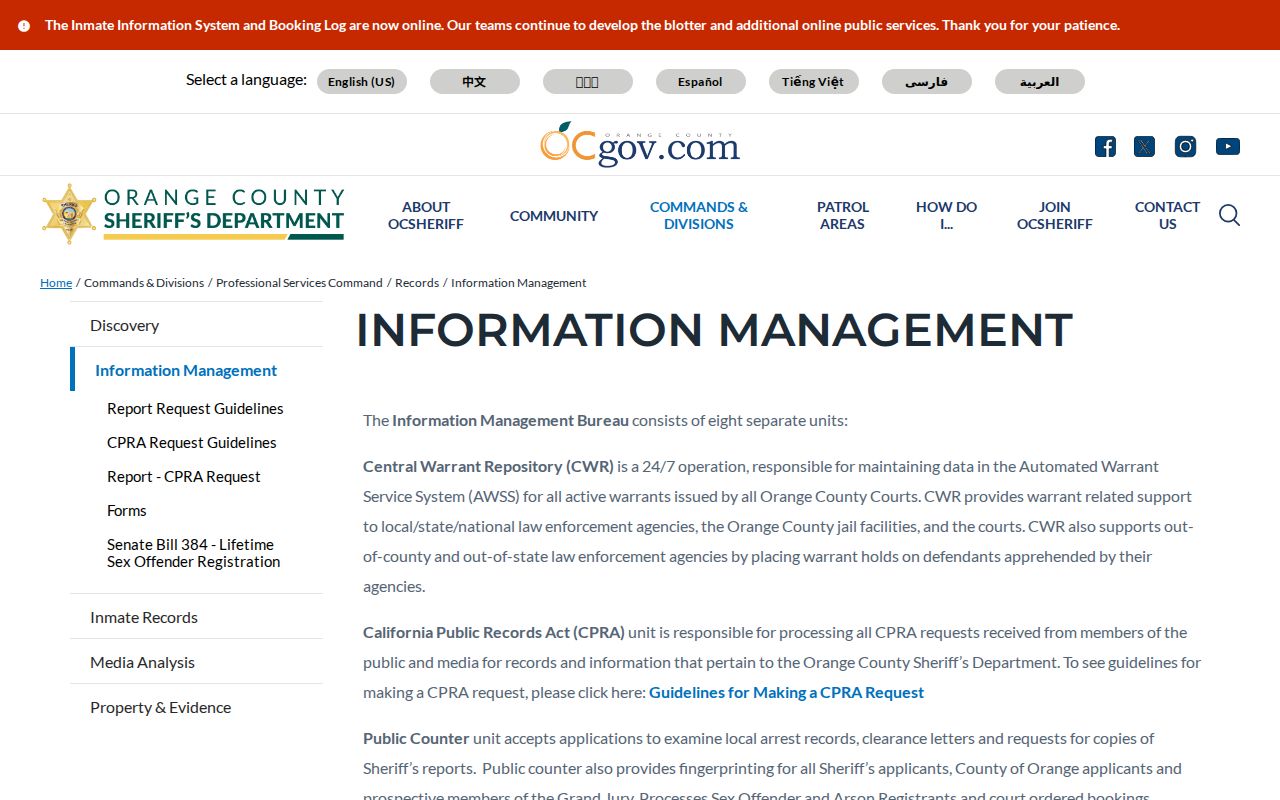 OCSD Information Management arrest record contacts