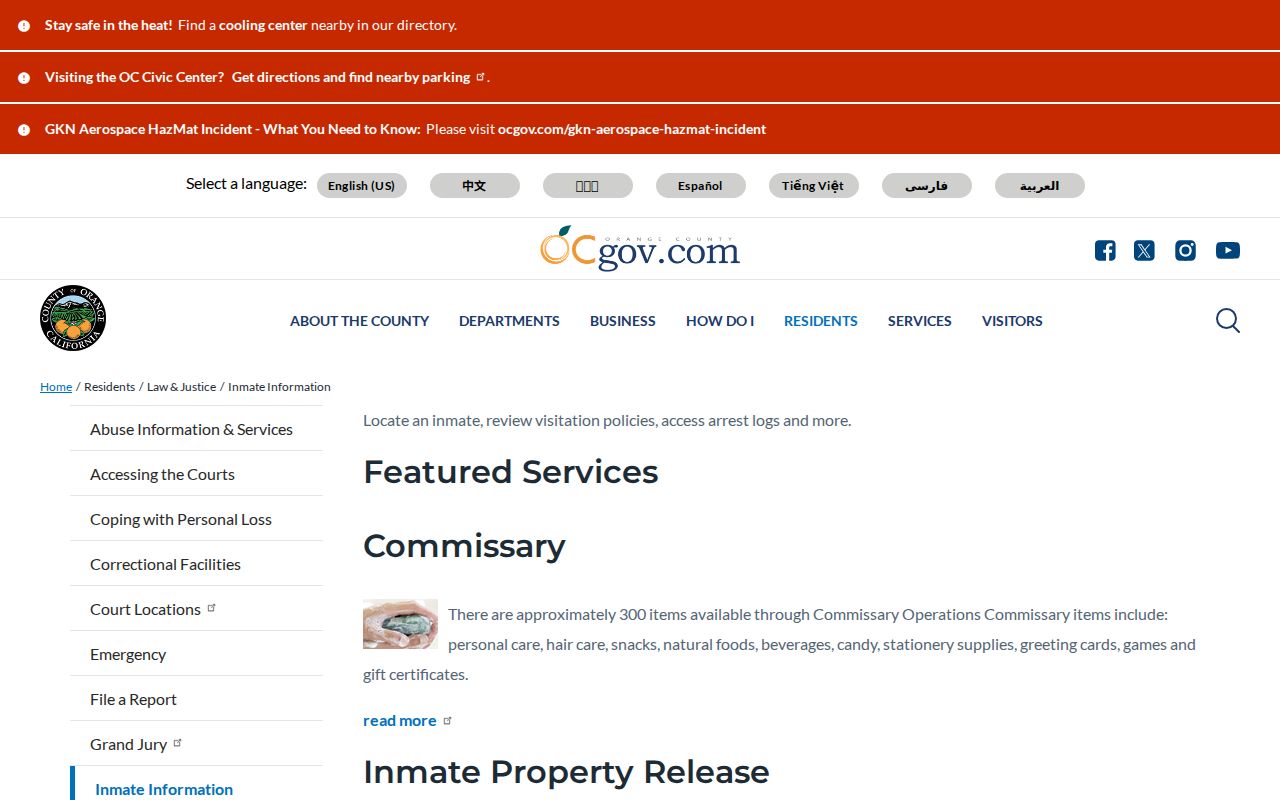 Orange County inmate information landing page