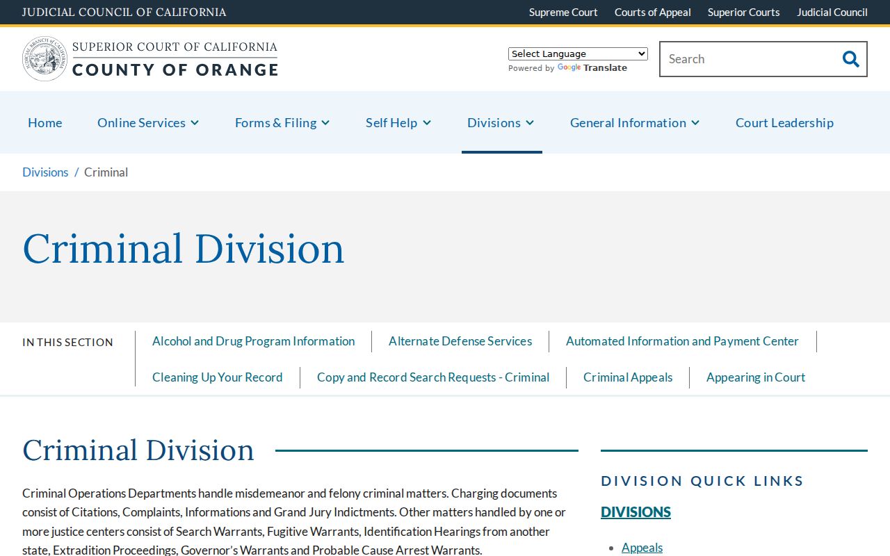 Orange County Superior Court Criminal Division page