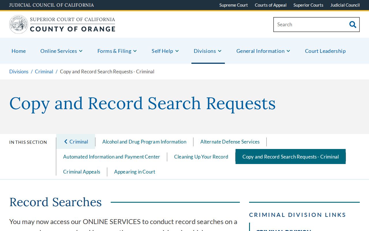 Orange County criminal copy and record search request instructions