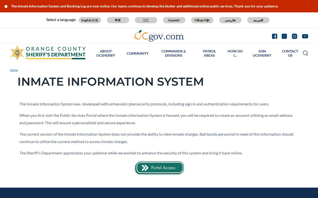 Orange County criminal history inmate system notice