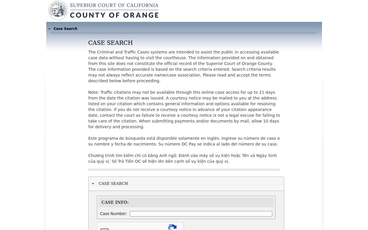 Orange County criminal history Vision Public case search