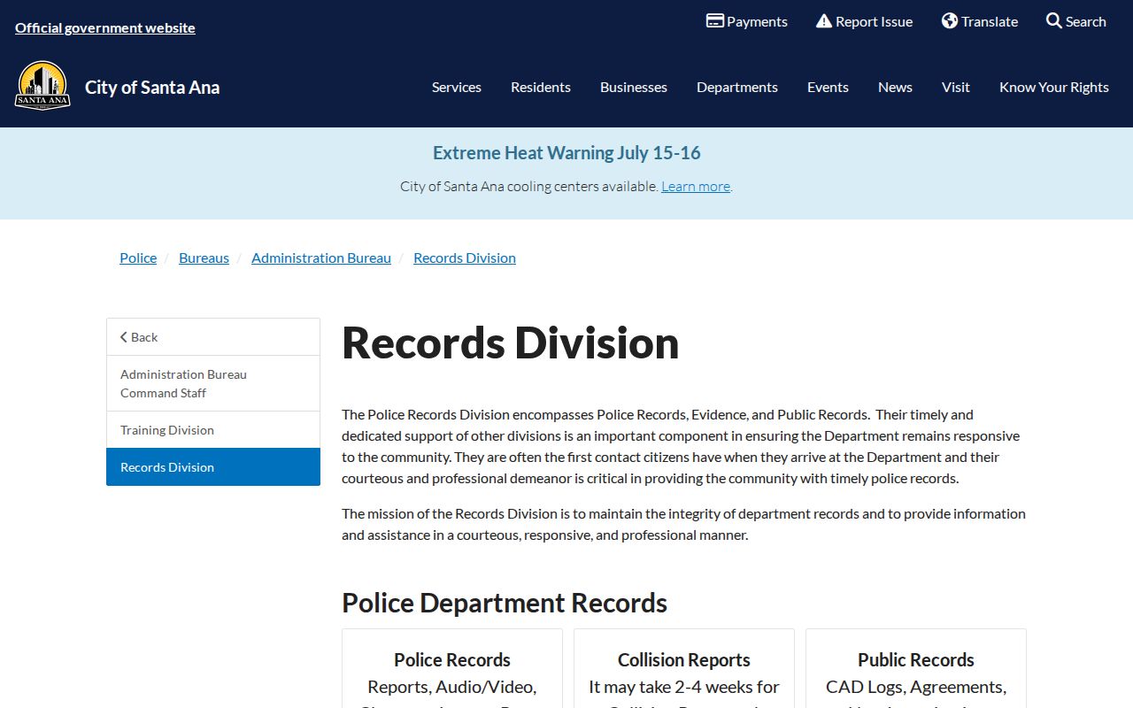 Santa Ana Police Records Division official page