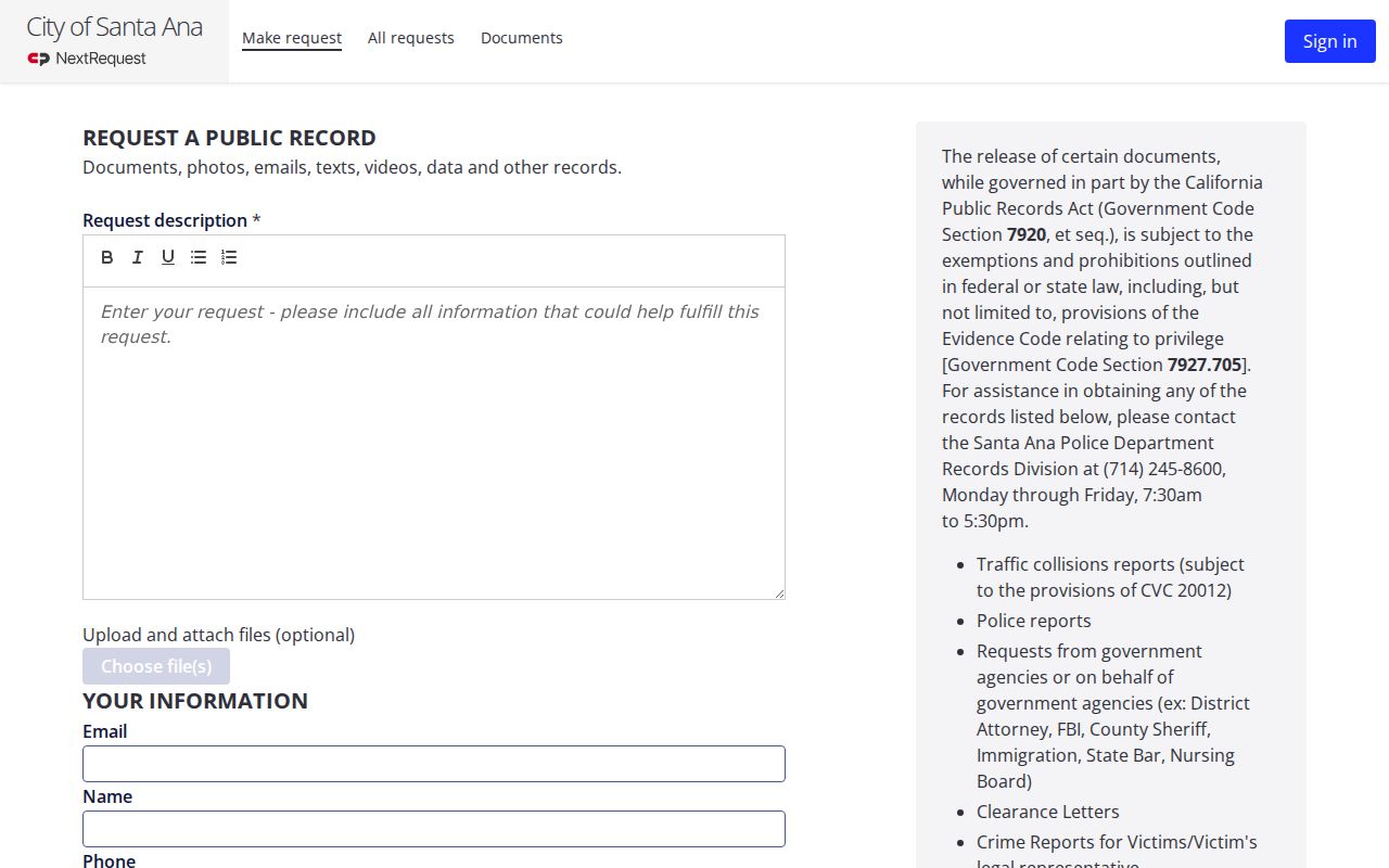 Santa Ana NextRequest public records portal