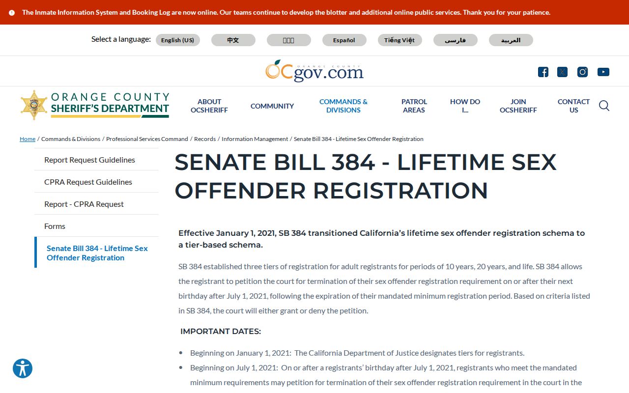 Orange County Sheriff SB 384 tiered sex offender registration page