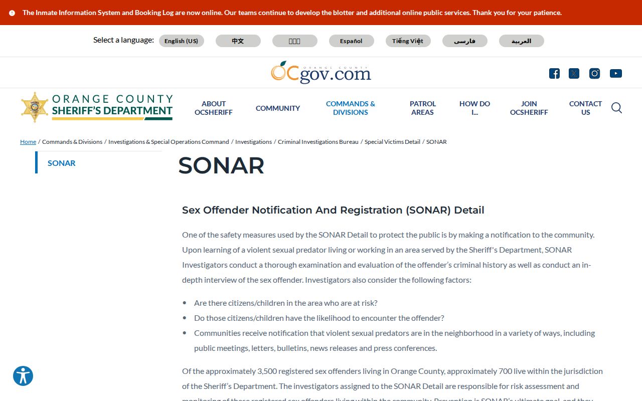 Orange County Sheriff SONAR sex offender registration page